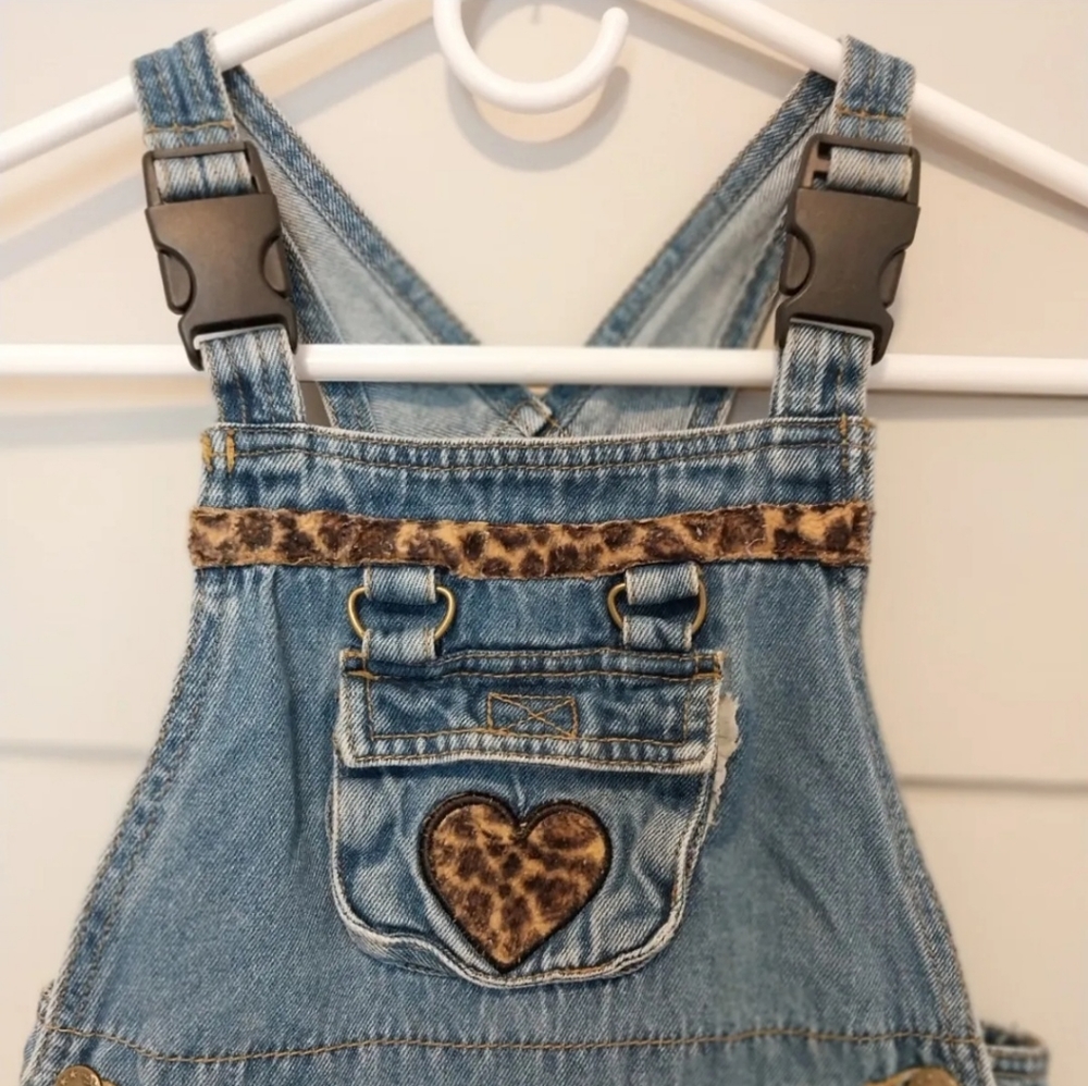 Smiley Denim Girls Overalls Embroidered Leopard Trim w/Heart Patch Size6/6x
